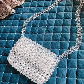 

New Acrylic Pearl Women Handbag Fashion Ladies Beaded Shoulder Bag Transparent Hand Woven Mini Crossbody Bags Party Clutch Purse