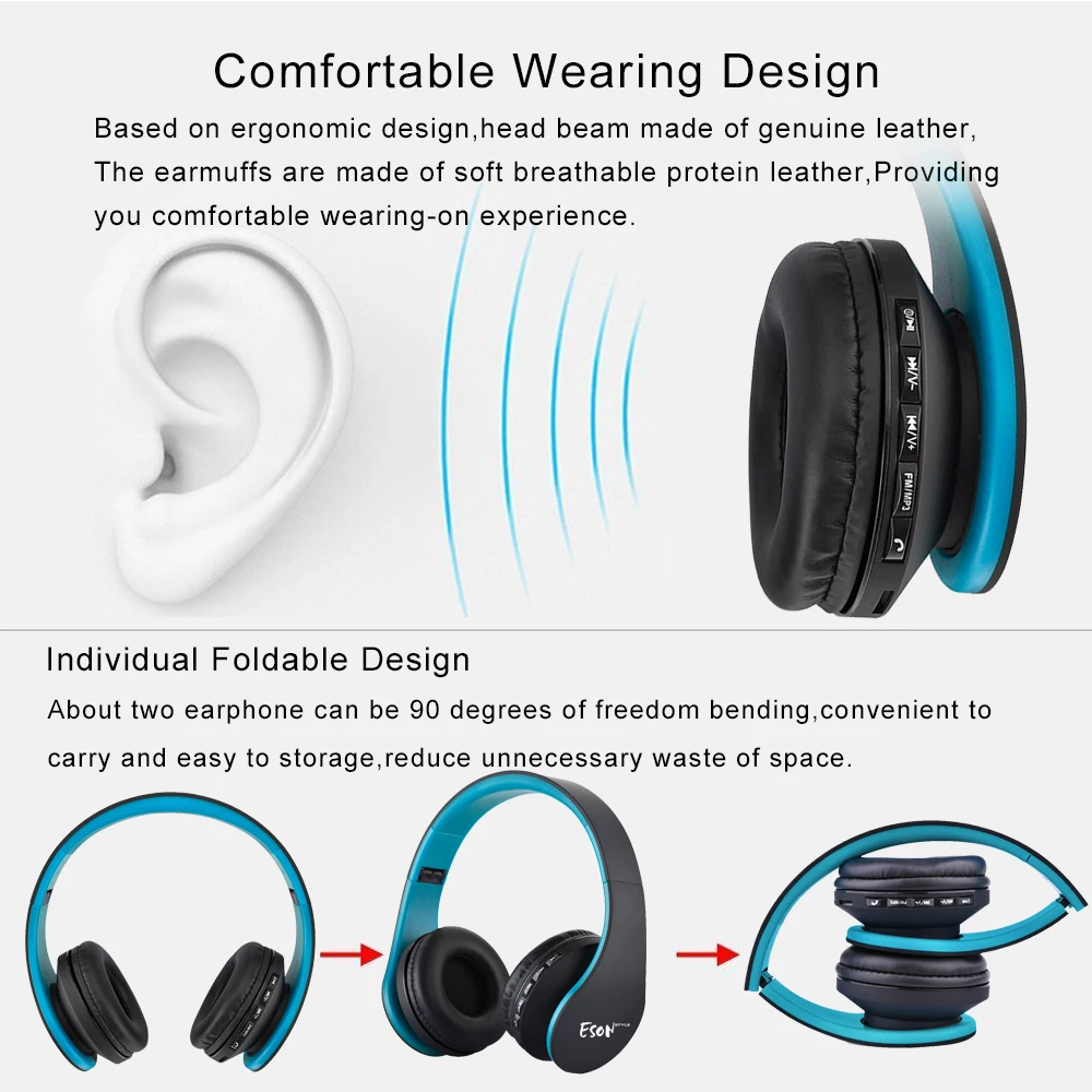 Eson стиль беспроводные bluetooth-наушники, складные наушники+ Проводные bluetooth-наушники для Iphone-синий