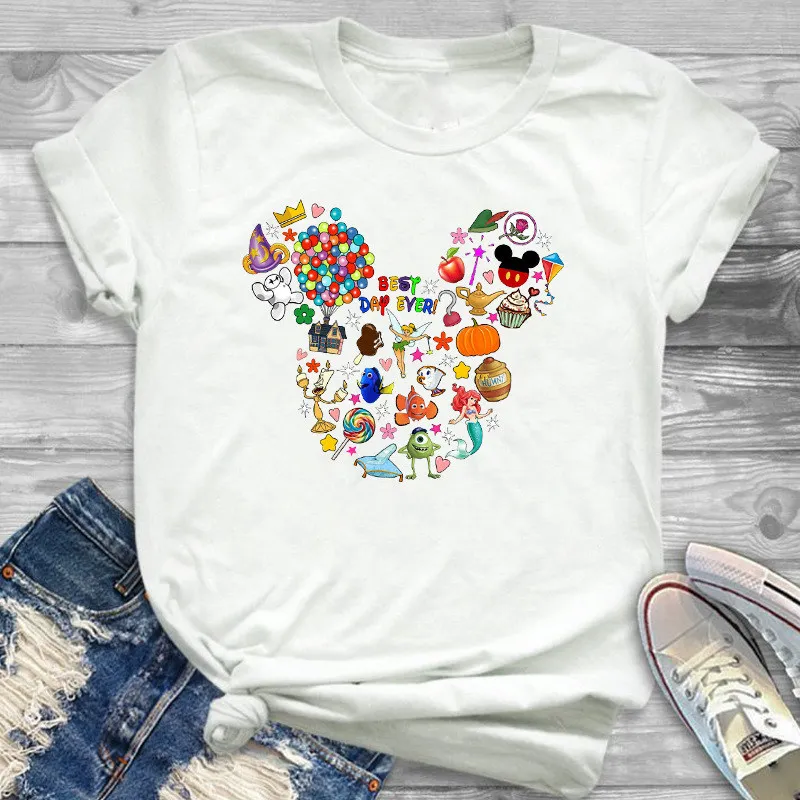 Лучший день, когда-либо печатная Женская Футболка Harajuku Kawaii одежда Микки Маус уха Графический Тройники Милая модная футболка Топ Camiseta Mujer - Цвет: 1