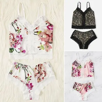 

2019 Newest Hot Women Silk Satin Pajamas Set Sleepwear Shorts Babydoll Nightwear Lingerie Sexy Leopard Printed Lace Suit