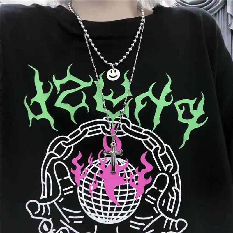 Модная футболка в стиле Харадзюку с огненным принтом; забавные мужские и женские осенние Топы в Корейском стиле панк с длинными рукавами; свободные крутые футболки в стиле хип-хоп; уличная одежда для женщин