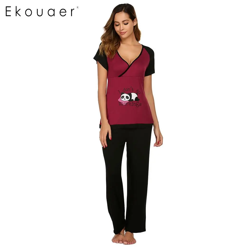 

Ekouaer Women Loungewear Clothes Autumn Pajama Sleepwear V-Neck Short Sleeve Contrast Color Pajamas Set Female Nightwear Suit