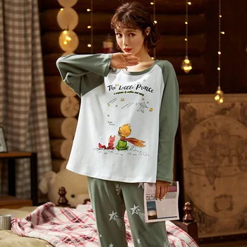 

Sleepwear Women's Pajamas Set Autumn Loose Comfortable Home Clothes Long-sleeved Nightwear With Letter Cartoon Print
