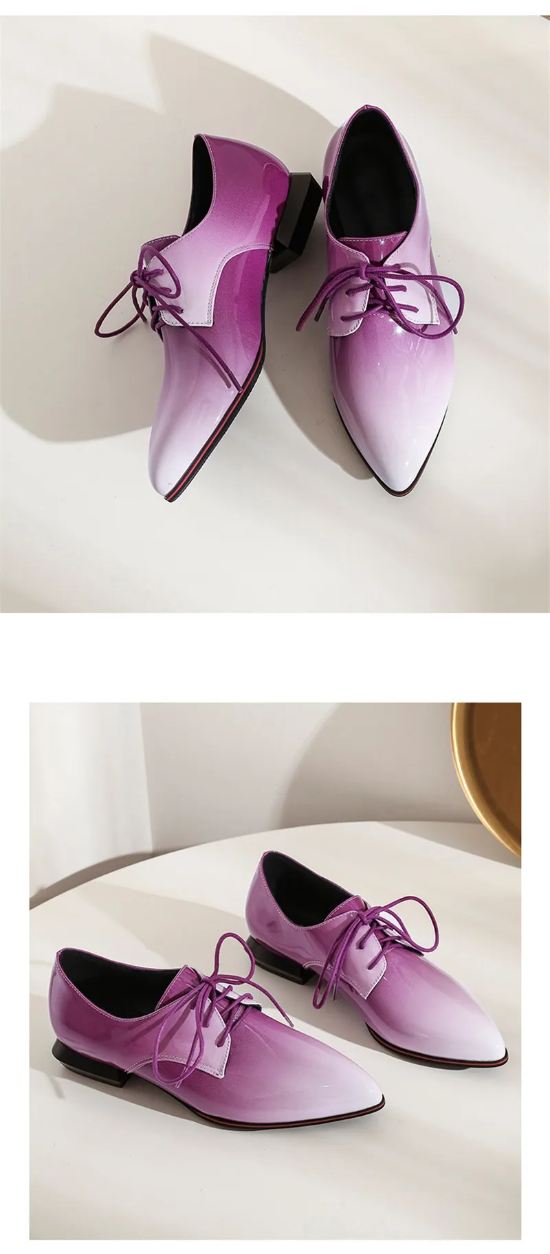 Large Size 33-50 Women Flats Sexy Gradient Patent Leather Low-Heeled Oxford Shoes For Woman 2020 Pointed Toe Lace-Up Lady Flats (17)