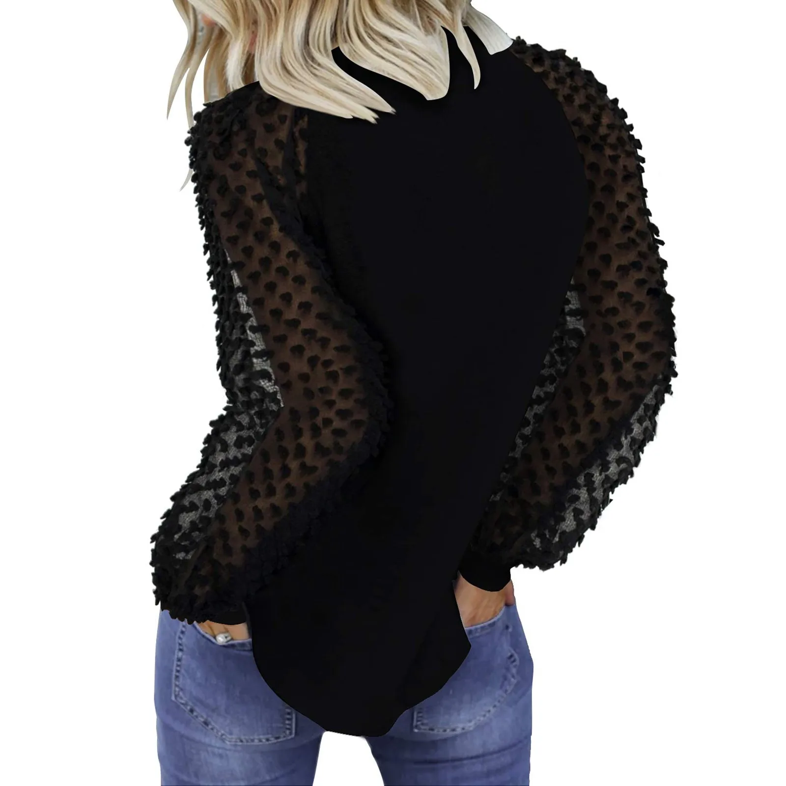 2021 Elegant T-Shirt Basic solid color Top Women’s Long Sleeve O-Neck Tops Lace Splicing Casual Loose Tee T-Shirts Clothes 2