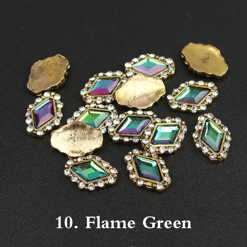 Flame green 9x12mmNew в винтажном стиле в виде ромбов дизайн ногтей Стразы с позолоченным основанием; комплект со стеклянными стразами 10 шт./30 шт. роспись ногтей - Цвет: Flame green