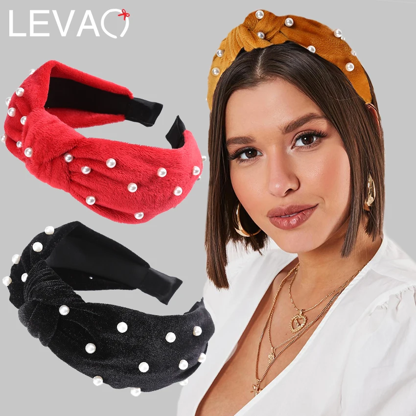 Levao плюшевая бархатная Жемчужная Повязка на голову с бусинами и жемчугом, нескользящая повязка на голову для женщин, простая широкая завязанная ободок для волос