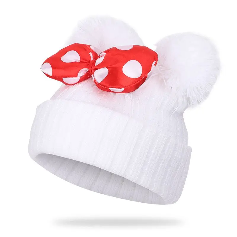 Зимняя детская Шапка-бини Skullies, вязаная шапка с Минни и бантом, Шапка-бини для маленьких мальчиков и девочек, Теплая двойная шапка с помпоном, Z109 - Цвет: White