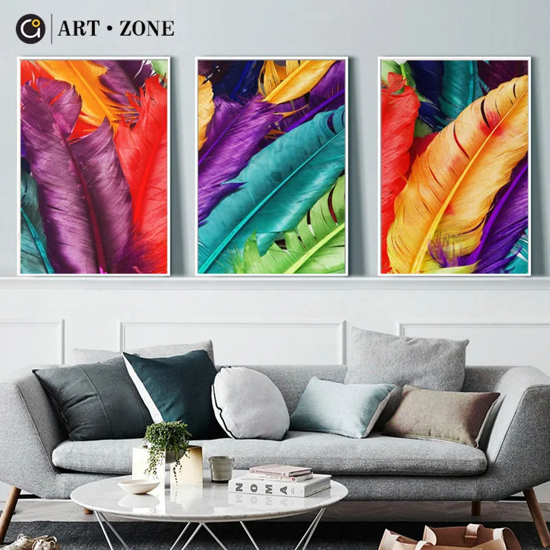 ART ZONE Nordic Canvas Painting Colored Feathers Wall Art Print Picture Modern Home Decor Poster Living Room No Frame Painting
