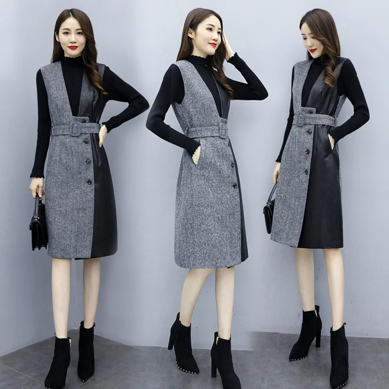 

Elegant Fashion Mixed Colors Base Jumper Dress Dress 2019 Winter New Style Sleeveless Vest Dress Contrast Color Suspender Skirt