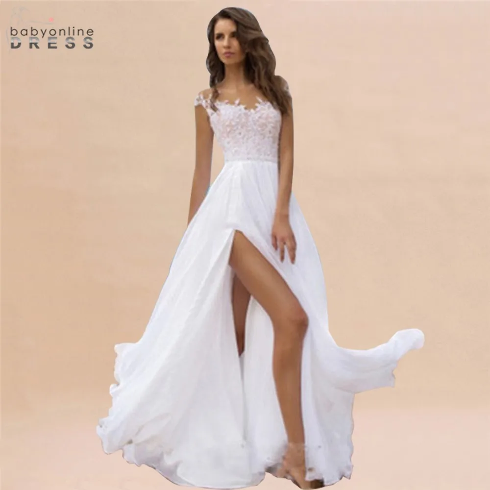 

2020 Robe De Mariee Sexy Split Lace Wedding Dress Backless Wedding A-line Beach Flow Bridal Gowns White In Stock Robe Mariage
