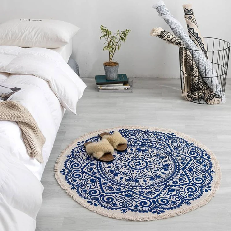 

Round Mat for Bedroom Diameter 90cm Natural Cotton and Linen Fabric Classical Geometric Meditation Carpet Blue/Dark Blue/Black