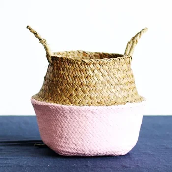 

Handmade Wicker Storage Baskets Seagrasss Folding Laundry Flower Rattan Basket Pot Flower Vase Home Patchwork Hanging Basket