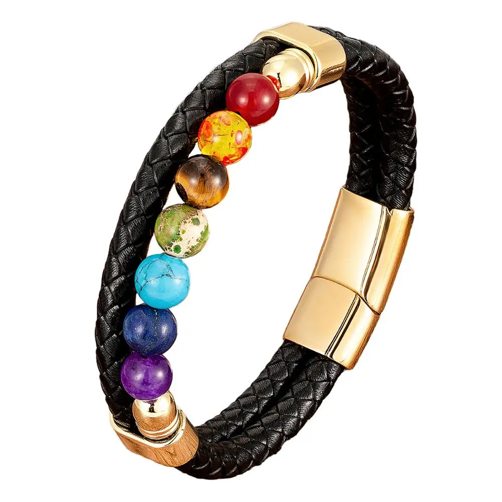 Natural Round Chakra Bead Stone Bracelet Genuine Leather Stainless Steel Bangles Jewelry bracelet jewelry
