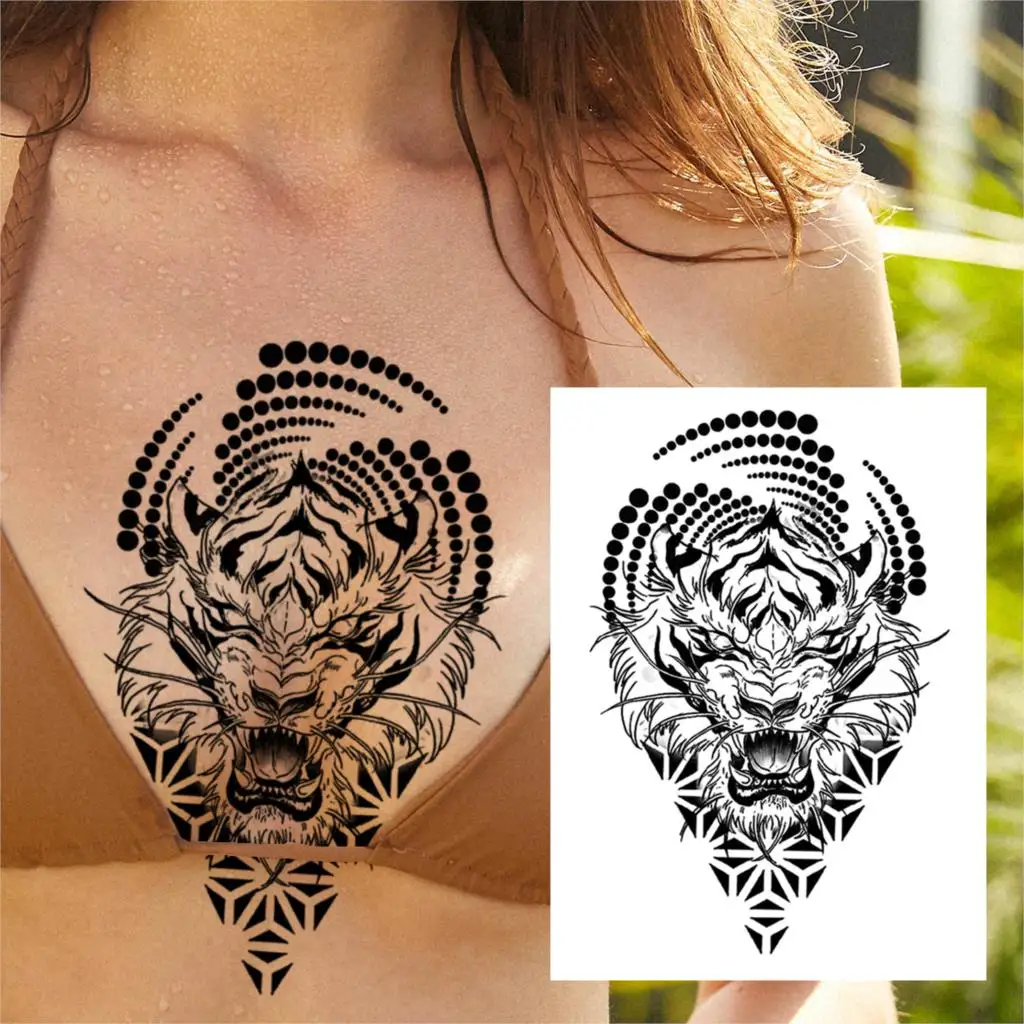 Tatouage Tigre Femme Signification Tatouage temporaire géométrique en forme de mouton et de fleur pour femmes,  filles et hommes, pistolet tigre adulte, autocollant faux henné noir, gros  tatouages sur la poitrine | AliExpress