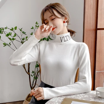 

2001 # Half-Turtle-Neck Sweater WOMEN'S Dress 2018 Season New Style Pullover Embroidered Slim Fit Long Sleeve Knit Play