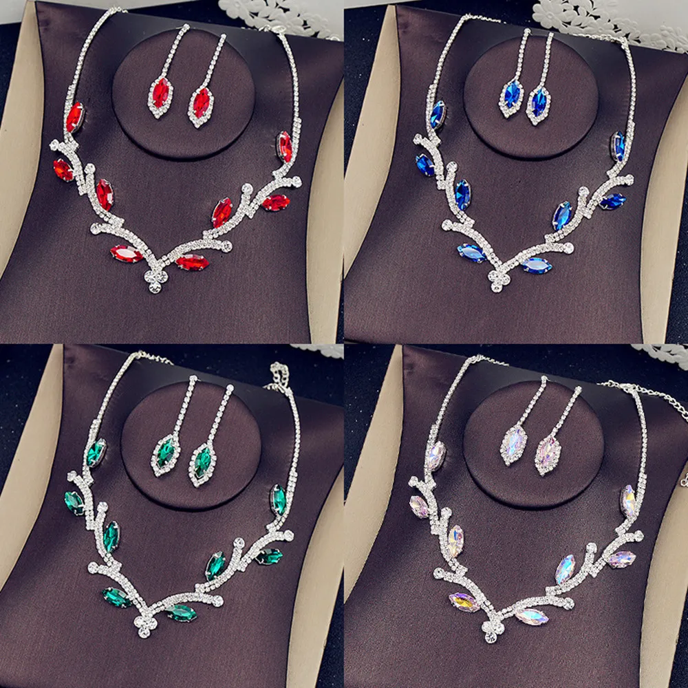 Luxury Colorful Crystal Irregular Leaf Shape Bridal Necklace Earrings For Women Bling Rhinestone Choker Necklace Wedding Jewelry