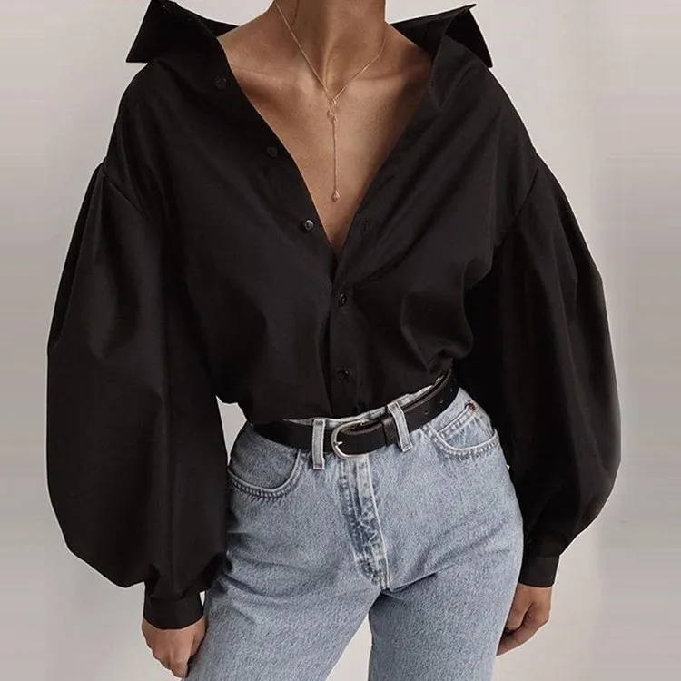 

Hot Sale 2019 Autumn Turn-Down Collar Loose Shirt Women Fashion Lantern Sleeve Casual Tops Solid Blouse