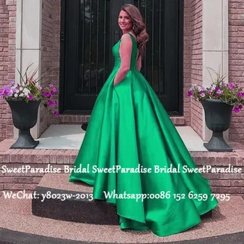 

Maxi Green Satin Prom Dresses 2020 Long Sweep Train Deep V Neck Vestido De Festa A Line Evening Dress For Women