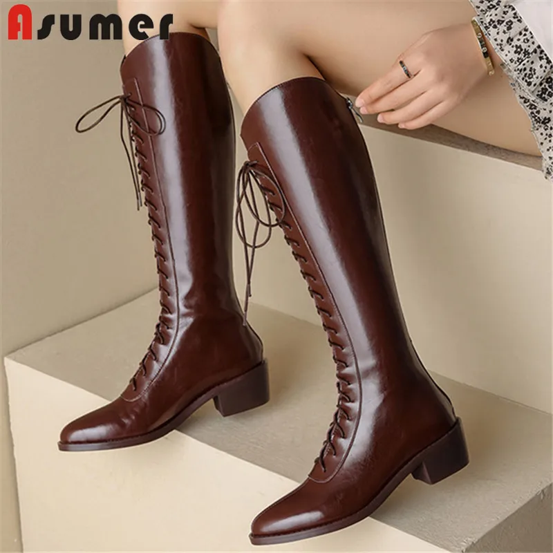 

ASUMER 2022 Newest Cross Tied Western Boots Women Genuine Leather Shoes Zip Autumn Winter Fashion Cool Knee High Boots Women