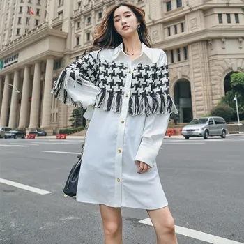 

patchwork tassel women shirt dress office lady loose long sleeve split side casual dresses spring autumn streetwear D687