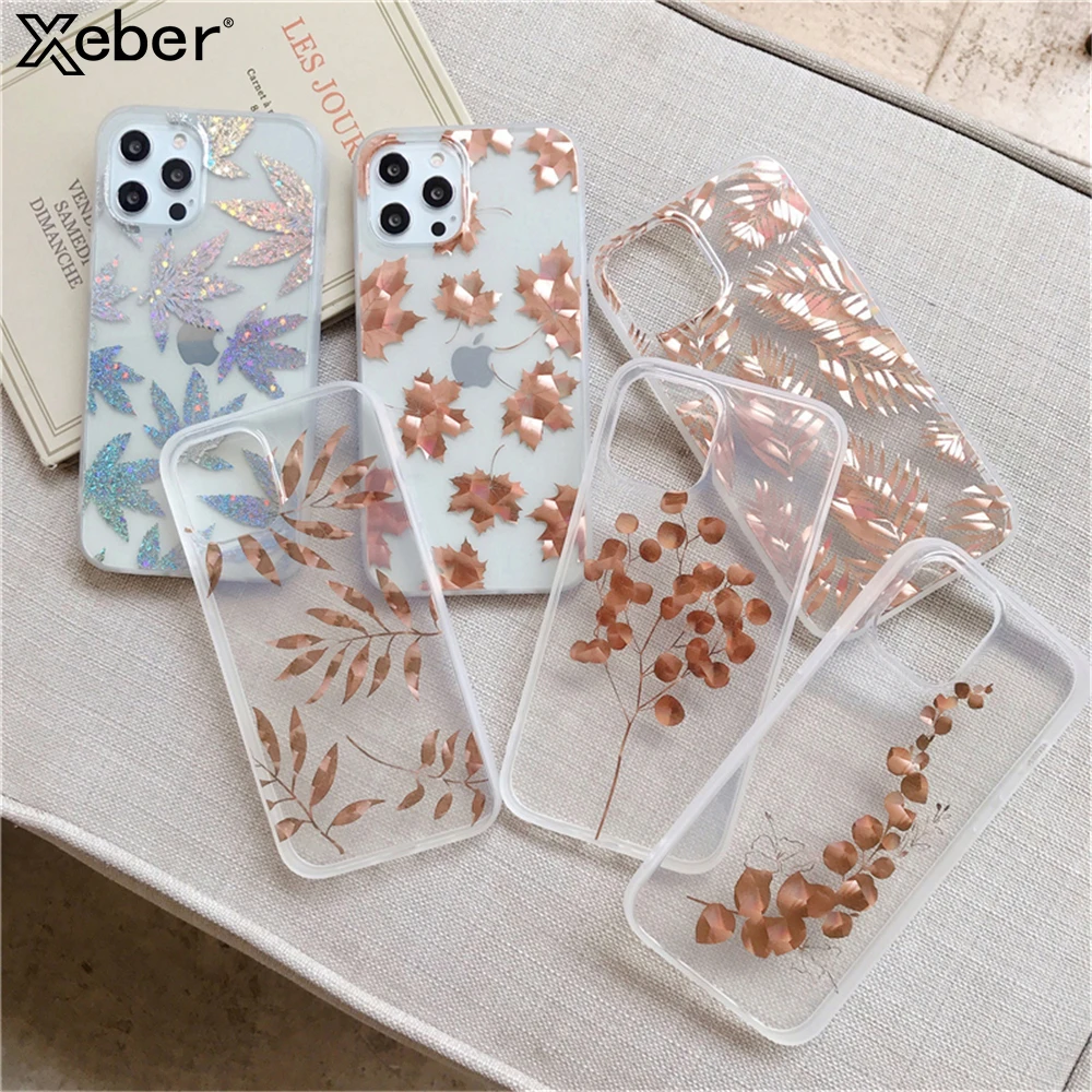 Роскошный блестящий прозрачный чехол с золотыми листьями для iPhone 11 12 Pro Max X XS XR 6 6S 8