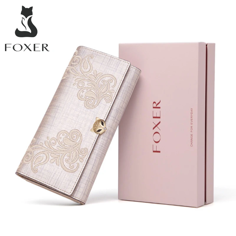 Clutch Purse Card-Holder Tri-Fold wallet Flower-Pattern FOXER Long Womens Phone-Bag