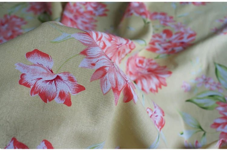 Полуметр желтый низ принт большие цветы хлопок лен ткань для cheongsam платье рубашка материал T716