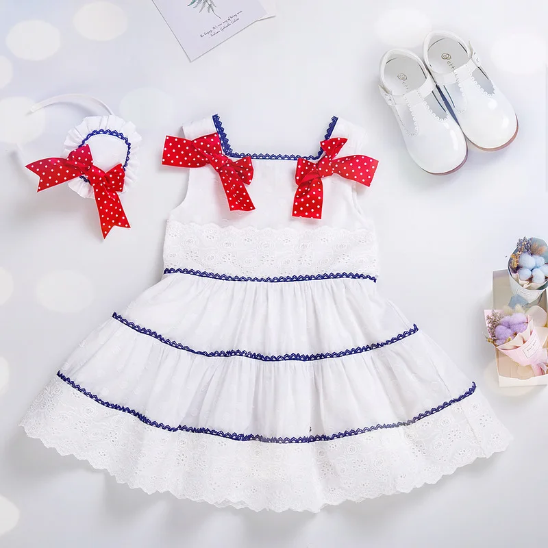 Cutestyles/Новое Летнее белое платье детское в красный горошек с бантом для девочек