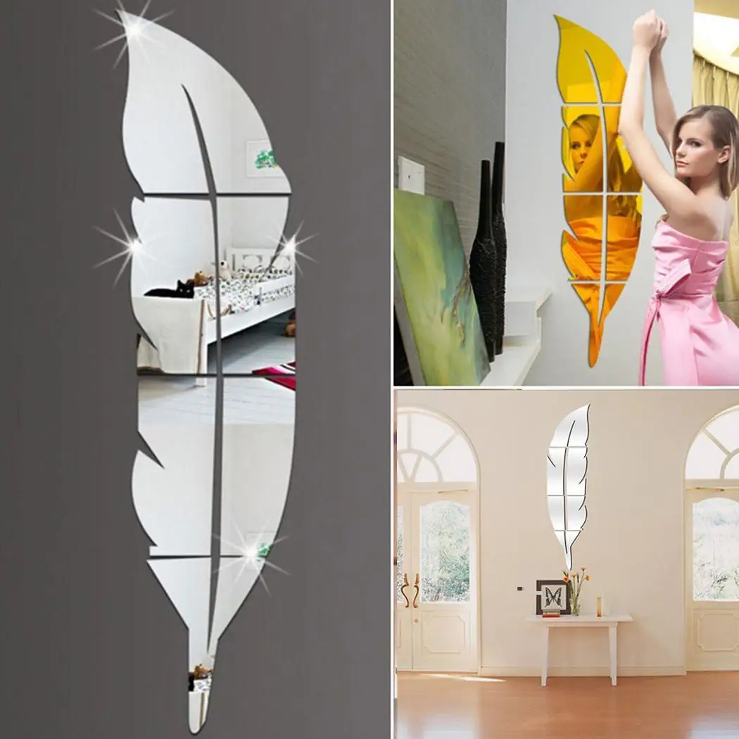 

2019 Creative mirror Modern Feather Mirror Decals Wall Sticker Removable Home Room DIY Decor Supplies