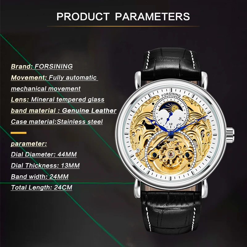FORSINING роскошный белый золотой дисплей черный натуральная кожа Moonphase модные синие руки водонепроницаемые мужские механические часы