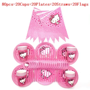 

Party Supplies 80Pcs/Lot Cartoon Hello Kitty Theme Tableware Boy Girl Birthday Plates Cups Flags Straws Decorations Supplies