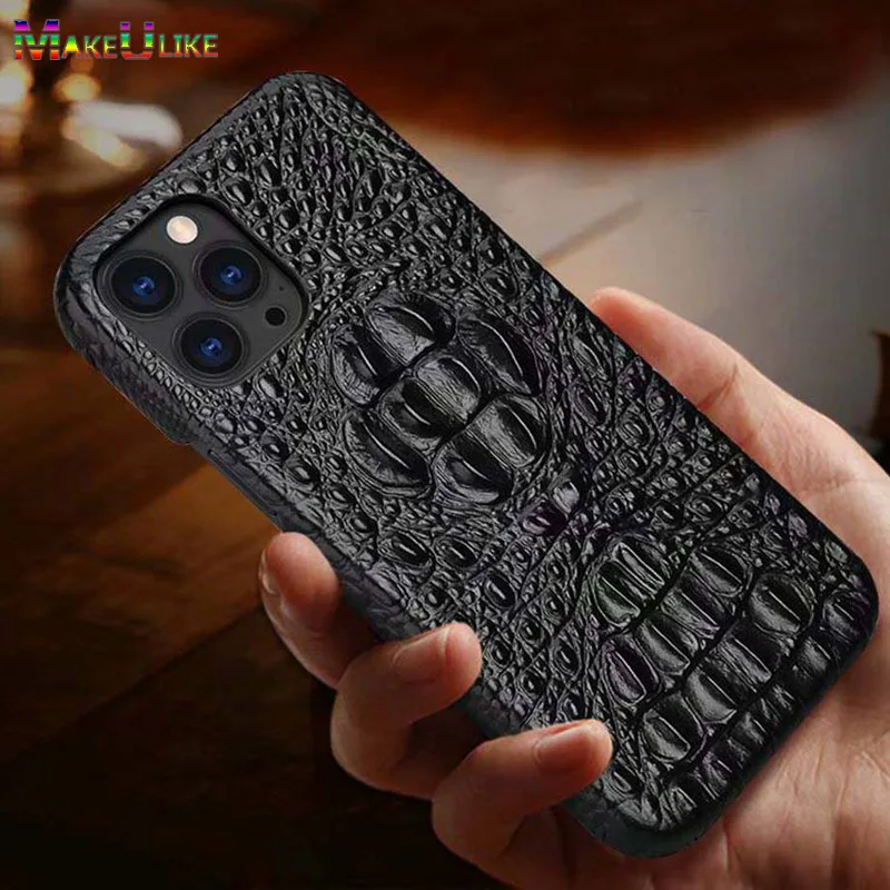 Genuine Leather Case For iPhone 12 Pro Max Mini Back Case Croc Head 3D Hard Cover For iPhone 12Pro 11Pro 12mini 11 Pro Max Case