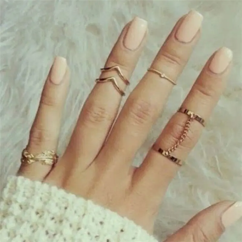 

6Pcs/Set Zircon Leaf V-shaped Metal Joint Ring Anchor Chain Finger Chain six-piece Set Ring Women fashion jewelry
