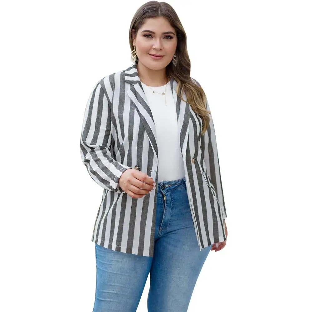 

Tops Turn-down Collar Coats Ladies New British Style of Europe and America Loose Grey Stripes Plus Size 3XL 4XL Coats Jacket