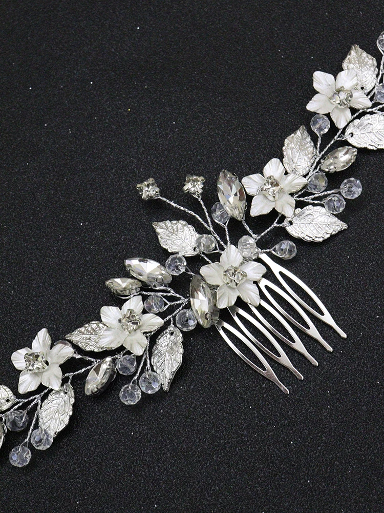 Silver Floral Bride Headdress Leaf Headbands Rhinestone Women Hair Ornaments Wedding Bridal Hair Accessories Vine Comb