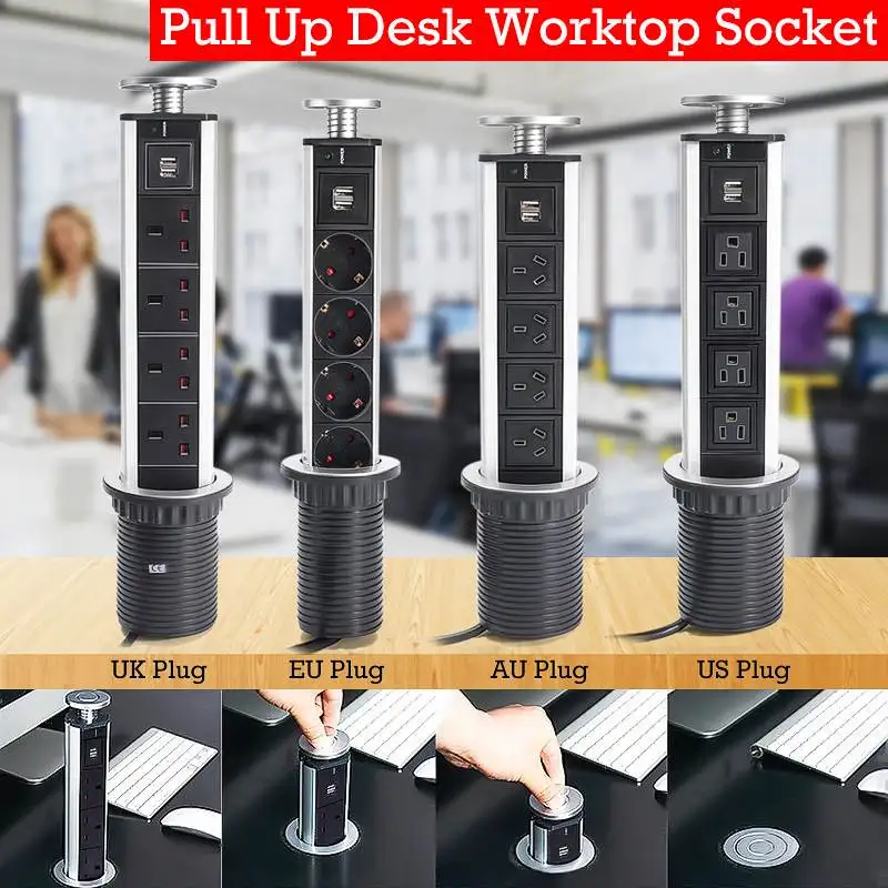

2500W US/UK/EU/AU Plug Pull Pop Up Electrical Socket 4 Power 2 charge USB Aluminum Shelf LED Desk Worktop Extension Table Office