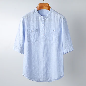 

Pure Linen Men Short Sleeve Shirt Solid White Blue Double Pocket Stand Pullover Spring Summer Fashion Casual Shirts Man Y2263
