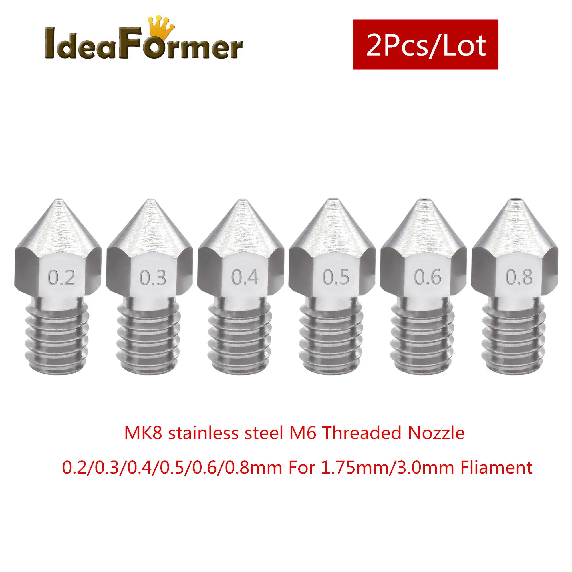 0.8 0.6 0.4 MK8 Stainless Steel Extruder Nozzle 1.75mm / 0.3 1.0mm M6 3D ... 