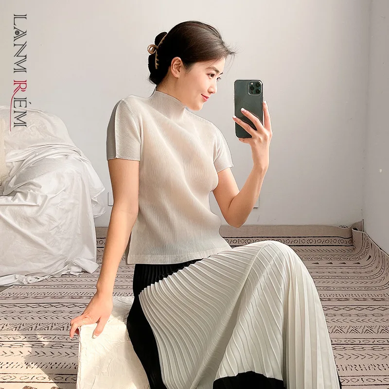 LANMREM женская бежевая футболка со складками новая водолазка с коротким рукавом