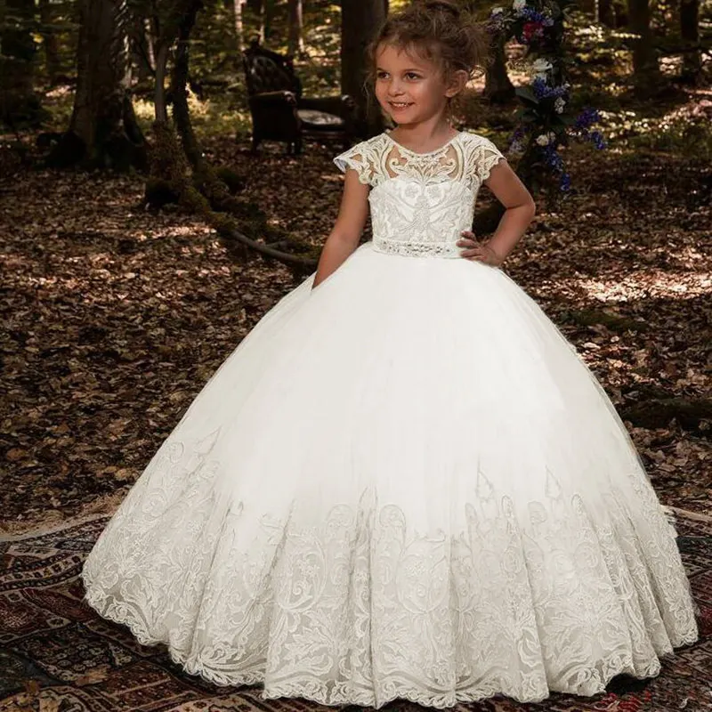 

Flower Girl Dresses Beading Sash Lace Appliques Fluffy Tulle Floor Length Elegant Princess Wedding Pageant Birthday Dresses