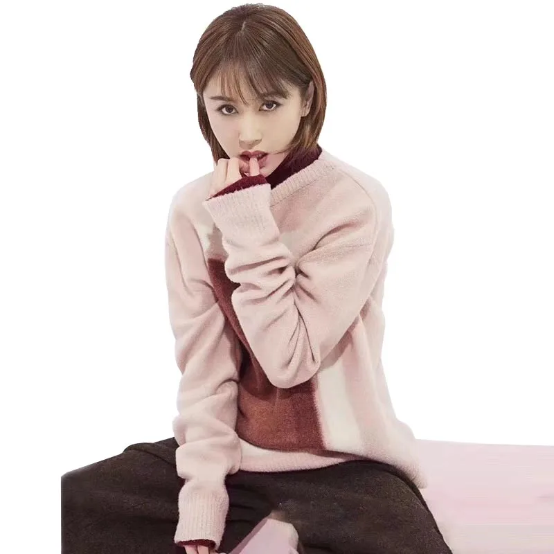 

Casual Woman Winter/Autumn Women Wool/cashmere Sweater Clothes Geometric Pattern Color Matching Women's Tricot Sherpa Pullover