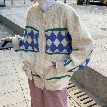 

PEONFLY Korean Style New 202 Autumn Winter Sweater Women Casual Single Breasted Loose Knitted Cardigan Geometric Jacket Coat