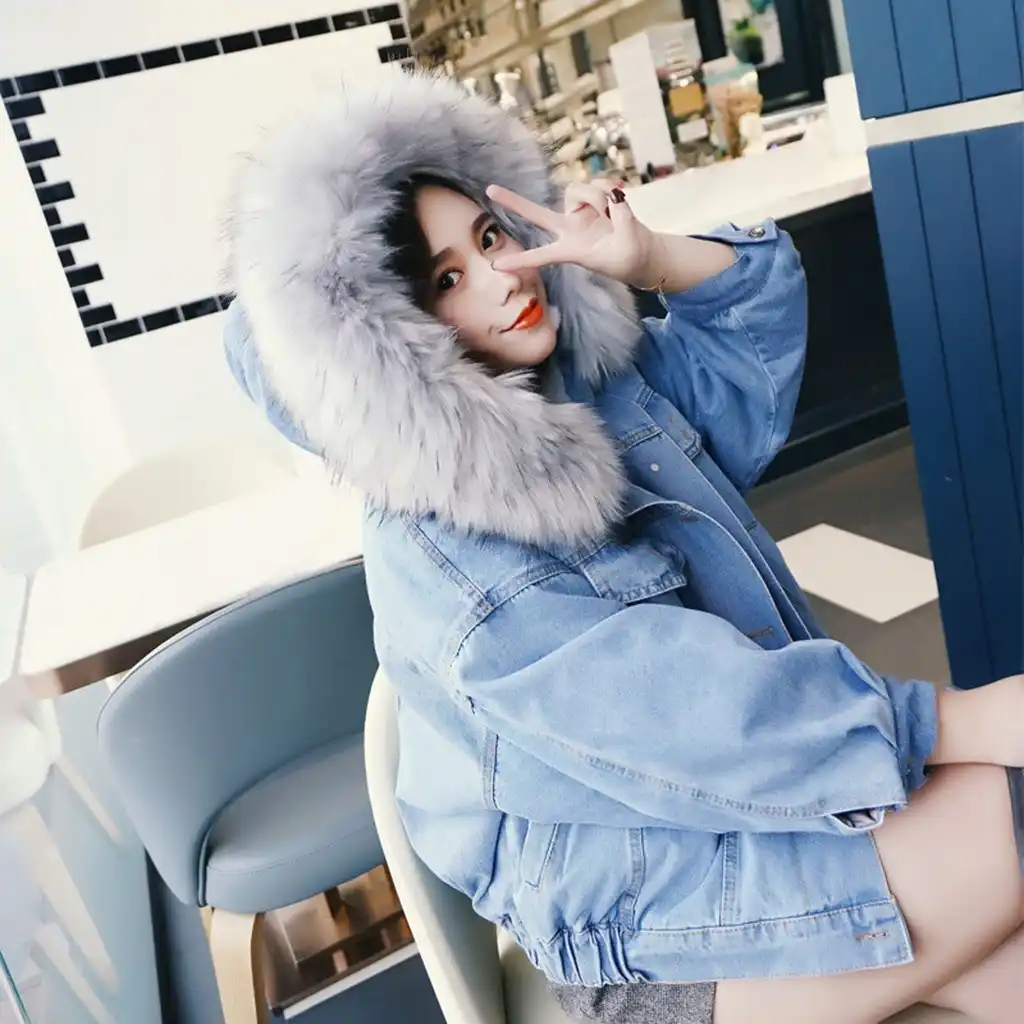 denim winter coat with fur hood