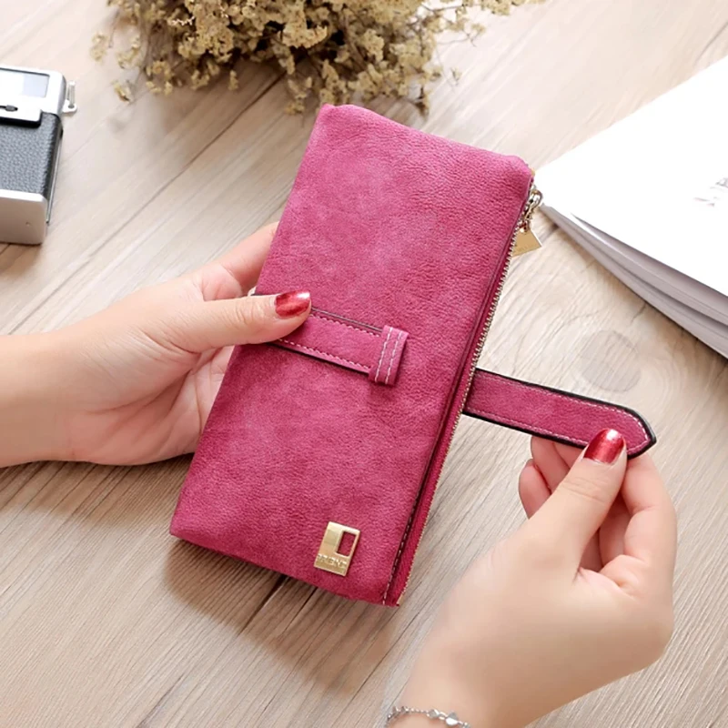 Vintage Women Long Standard Wallets Purse Fold Drawstring Nubuck Leather Zipper Suede Bag Female Simple Design Clutch Handbags synthetic leather wallet leather coin purse leather bill organizer leather hand bag