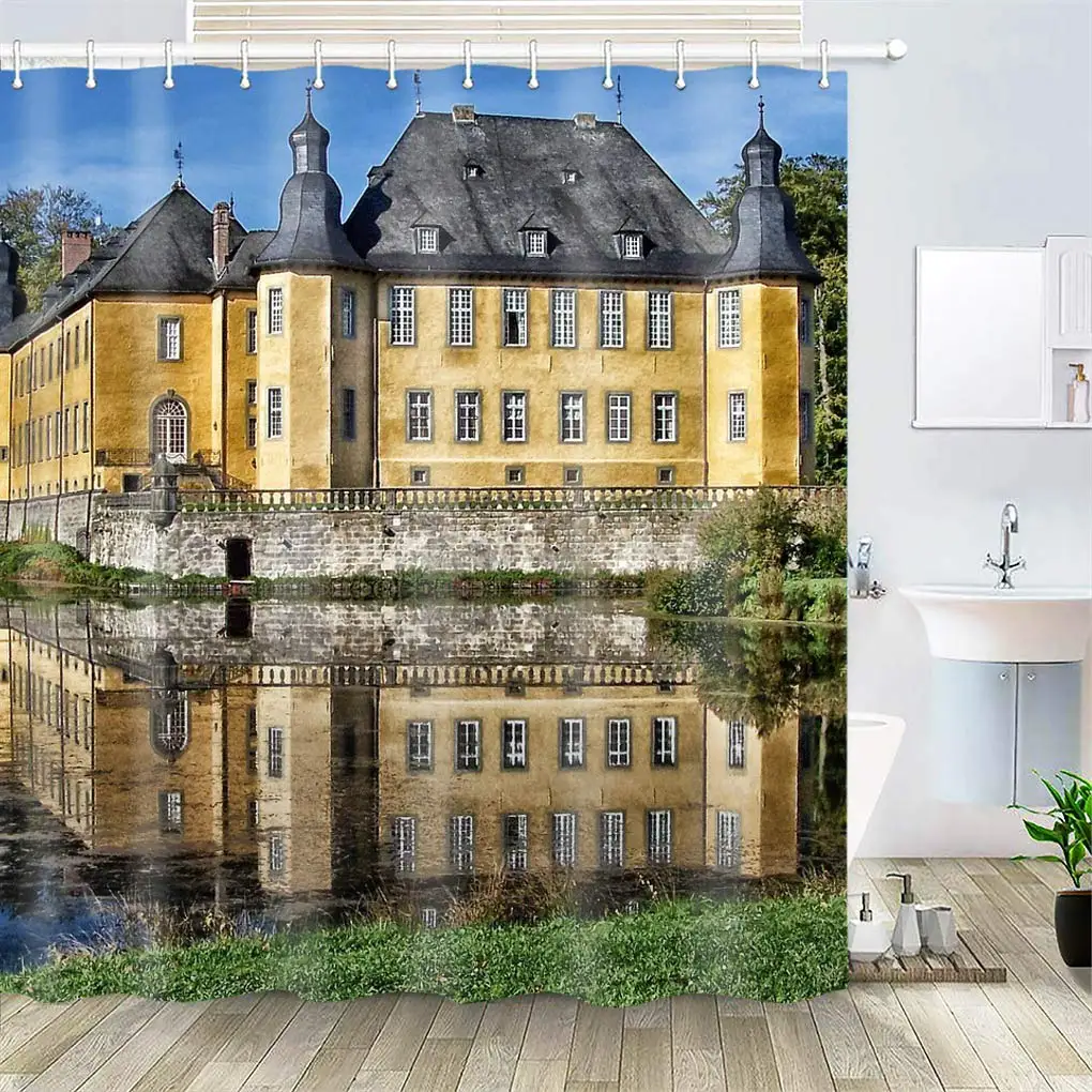 

Shower Curtain, Polyester Fabric Waterproof Hooks Included-72x72 inches- Juchen Germany Dyck Castle Building Landmark