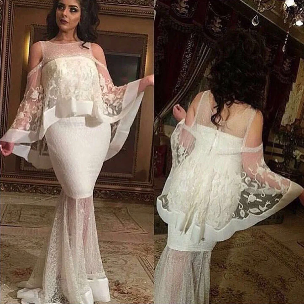 

2018 wedding Designer Jewel Cut the Shoulder Appliqued Mermaid Lace Prom gown with Cape mother of the bride dress