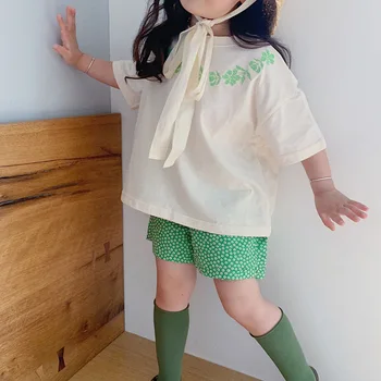 

Soft Waxy Cross Stitch Vintage Short-Sleeved T-shirt for Sweet Girls Kids Summer Clothes Chilren Girl Pure Cotton Tops Clothing