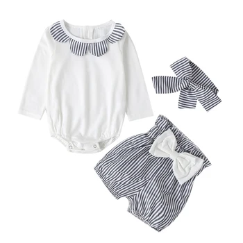 

3Pcs/set Summer Baby Girl Romper Cotton Long Sleeve Solid Tops Short Trousers Headband Outfits Baby Clothes 2020 New