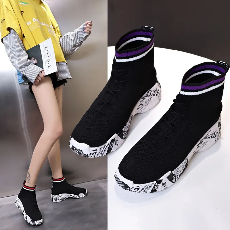 

Knit elastic socks shoes autumn winter high shoes women 2019 net red wild casual thick bottom breathable increase women shoes